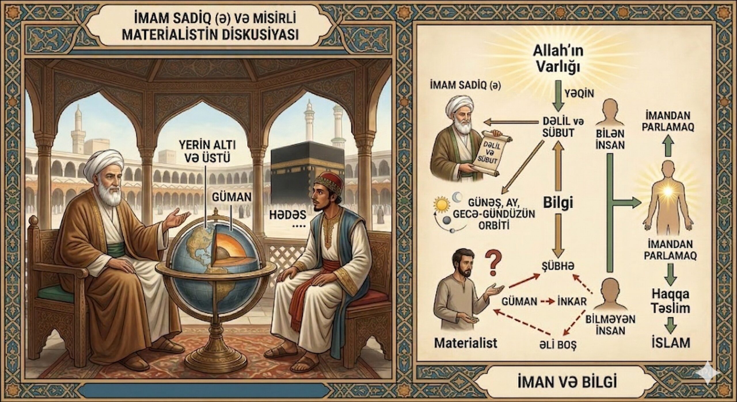 Misirli materialistlərdən biri mübahisə etmək məqsədilə Məkkəyə yollanır və İmam Sadiqlə (ə) görüşür. İmam (ə) “Suallarını ver”, – deyə buyurur.
